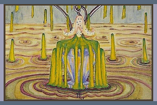Closeup of tarot card. A down-turned white lotus blossom spills vile green liquid into an overflowing chalice. The blossom resembles a veiled woman.