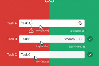 Background: A split screen or two-panel layout Left side: dull/red theme, showing a list of items (like input fields or tasks) with key={index} and bugs Right side: clean/green theme, showing same list with key={id} and a checkmark Left Panel (BAD keys): Three todo-style items with labels like: “Task A” “Task B” “Task C” Inputs appear broken (e.g. cursor lost, values flipped) Small tag: key={index} Overlay a red ⚠️ icon or a warning triangle Right Panel (GOOD keys): Same three items