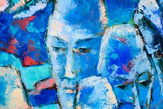 An oil painting of blue heads and faces.