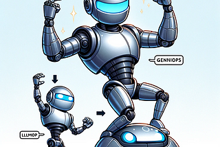 “Modify the existing cartoon-style illustration of two robots, GenOps and LLMOps. In this updated scene, GenOps, a sleek, futuristic robot with a shiny metallic surface, is now raising his arms in the air in a victorious pose while standing on top of LLMOps, a more traditional, boxy robot with visible rivets and joints. Add labels clearly identifying each robot: ‘GenOps’ on the futuristic robot and ‘LLMOps’ on the boxy robot. Maintain the playful, non-violent, and cheerful atmosphere of the orig