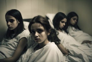 Four sad teenage girls in hospital beds.