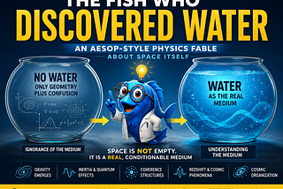 A cinematic illustrated science poster showing a curious cartoon fish scientist standing between two fishbowls. The bowl on the left is labeled “No Water, Only Geometry Plus Confusion,” while the bowl on the right is filled with glowing water and labeled “Water as Medium.” Arrows connect the scenes to symbolize discovery and scientific realization. The design combines playful Aesop-style storytelling with futuristic cosmology themes, using bright blue aquatic colors, scientific symbols, and bold