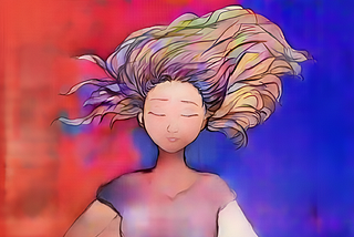Digital artwork by author of a girl with closed eyes, her multicolored hair flowing outward. The background shows a combo of warm red on the left blending into deep blue and purple tones on the right, symbolizing the light and dark aspect of the self.