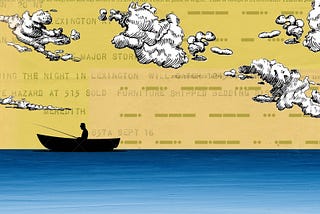 A sillhouette of a fisherman on the ocean with clouds rolling by and a telegram-yellow sky.