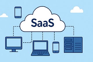 Illustration of cloud computing with interconnected devices representing SaaS applications