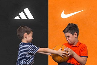 Two kids fighting over a ball with the Adidas logo above the kid on the left and the Nike logo above the kid on the right.