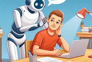 IMAGE: A robot whispering in the ear of a student while he works on an essay