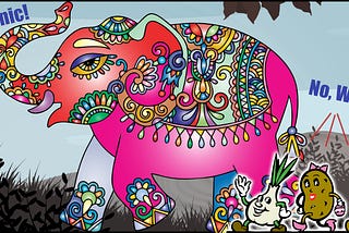 A cartoon image of a highly decorated pink elephant prancing through a field shouting “I’m Ironic!” with a bunch of dancing cartoon vegetables in the lower right corner screaming, “No, We Are!”