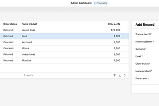 Retool Admin dashboard panel with read, create, update and delete VantageCloud data functionality