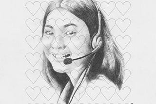 Black-and-white album cover with a pattern of heart shapes superimposed over a photorealistic drawing of a woman in a headset