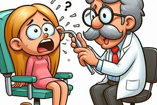 Create an image of a confused looking woman lying on a bed with an ENT doctor poking into her ear.