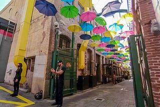 The Orange Street Alley Umbrellas Art Walk Near Me in Downtown Redlands CA