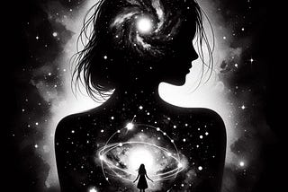 A black silhouette of a woman surrounded by white light. Inside her is another girl standing, with a cosmic vibe.
