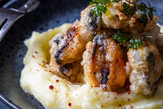 Curried Mussel Fritters with Potato Puree