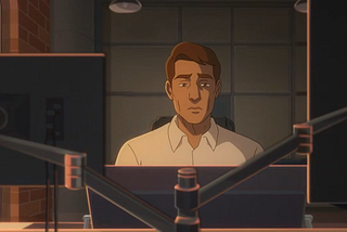 Vinod Chanda sitting at a desk or workstation. He appears to be in a work environment as suggested by the office-like setting with computer monitors. The character has tan skin, short hair, and is wearing a white shirt. He has a somewhat serious or contemplative expression on his face.