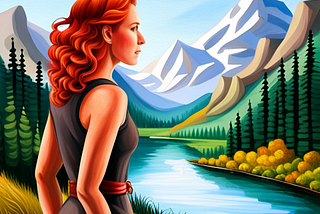 A red-haired woman gazes out at the mountains and river.