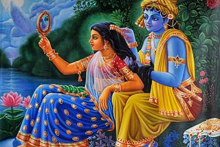 Illustration of Hindu God Krishna coming Radha’s hair as they sit along the water. Radha looks in the mirror and sees the reflection of Krishna.