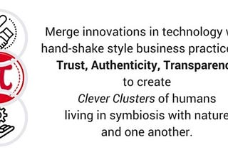 Merge Innovations in technology with handshake style business practices: Trust, Authenticity, Transparency to create a Clever cluster of humans living in symbiosis with nature and one another. #Pi Moral Economic Ecosystem 2016