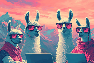 A group of llama data scientists teaming up to symbolize open source collaboration.