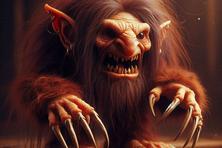 A hairy dwarf-looking creature with deformed hands consisting of long claws, created with Dall-E 3