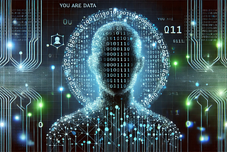 An abstract digital artwork representing the concept ‘You are data’. The image features a human silhouette composed of binary code (ones and zeros),