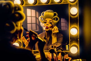 An aging actress puts on her makeup at an old fashioned dressing table