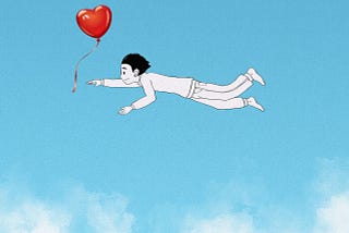 Cartoon of a boy flying in the sky trying to catch a heart-shaped balloon.