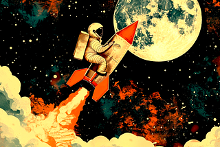 Person riding a rocket to the moon. Image produced using Midjourney