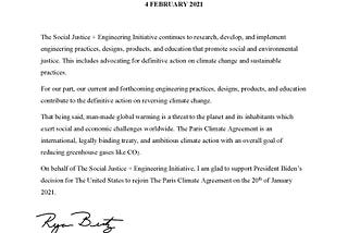 Statement Supporting the Decision of The United States to Rejoin the Paris Climate Agreement