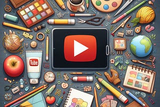 A computer with an iconic video platform logo on it, surrounded by items that promote creativity