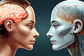 A pair of heads facing each other. One is human, the other robotic. They are cutaway so that their brains, one biological and one android, can be seen.