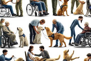 Photorealistic image showing various service dogs assisting people with different disabilities, including a guide dog with a visually impaired person, a hearing dog with a deaf individual, a mobility assistance dog aiding someone with physical challenges, and a psychiatric service dog with a person facing mental health issues.