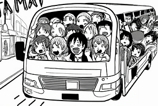 A bus moving quickly and filled with excited people