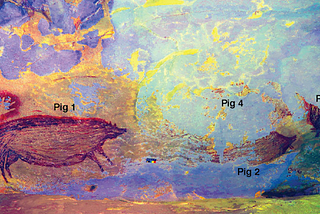 A large painting of a pig and several smaller fragmented paintings of pigs. Two negative hand-prints are above the large pig to the left.