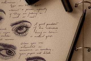 A photo of part of an open notepad depicting a mix of illustrated eyes and writing