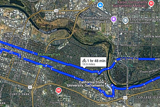 Google Maps screenshot of Sacramento, California. A bike trip I rode back in 2000.