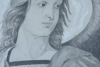 A black and white drawing of an angel.