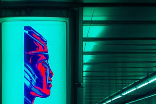 A futuristic cyborg poster hanging in a neon lit subway station — DALL.E 2