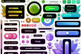 DALL-E 3 prompt: create a design system for a modern web interface with accessibility features, buttons, alerts, notifications, backdrops, hints, loaders, progress bars, and skeletons. Use a bright color palette with mesh gradients