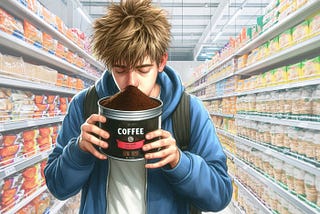 A college student sniffs coffee grounds in a supermarket.