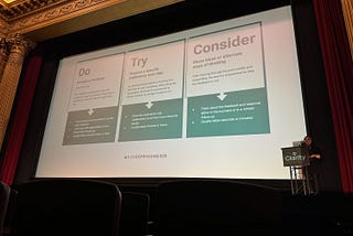 Jina standing in front of her slide describing the Do, Try, Consider framework