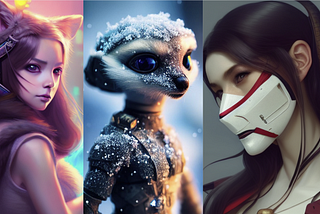 A collage of AI generated images. A digitally painted girl, a meerkat, and a girl with mask. Stable Diffusion