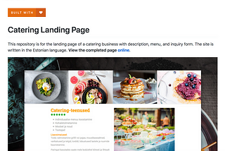An example of an image in a GitHub README file. A lovely webpage design for a catering landing page with food pictures.