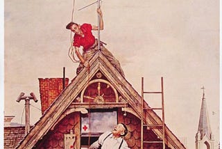 Painting showing a man straddling a roof’s peak, holding an antenna, and another older man leaning out a window next to a ladder with a church steeple in the background