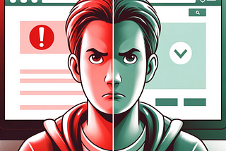 A split-screen digital illustration depicting user experience in web navigation. On the left, a frustrated user in front of a computer screen showing an error or wrong page, with an expression of confusion and annoyance. The background is tinted in subtle red tones to emphasize frustration. On the right, a content and relaxed user in front of a computer screen displaying a correct webpage they intended to visit, with an expression of satisfaction. The background is tinted in calming green tones