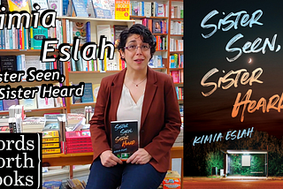 Image of Author, Kimia Eslah, sitting in a bookstore with her novel, Sister Seen, Sister Heard, on her lap.