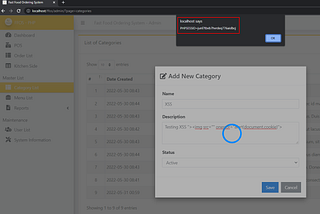 Fast Food Ordering System 1.0 Cross-Site Scripting