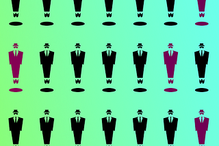 Wallpaper-style graphic depicting rows of figures in silhouette, wearing suits and ties and porkpie hats, identical except for color