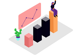 A 3D bar chart with a person sitting on the tallest bar and waving to others
