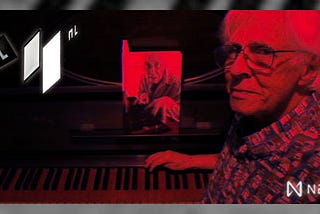 A photo of Gilberto Mendes in front of a piano looking at the camera styled in tons of red with the logos of Nomade Label and NEAR.